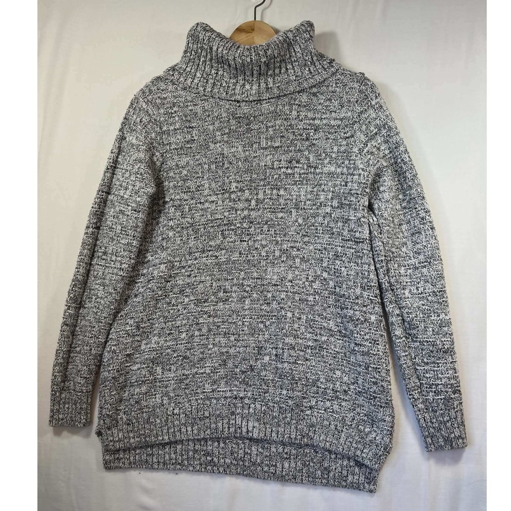 Marled Grey White Chunky Knit Turtleneck Sweater High Low Hem Basketweave L‎